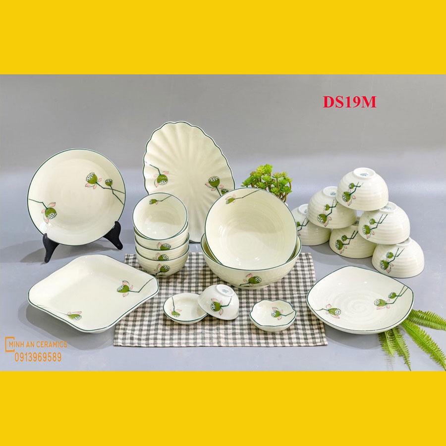 Bộ đồ ăn 19 món vẽ đài sen gốm Minh An Bát Tràng