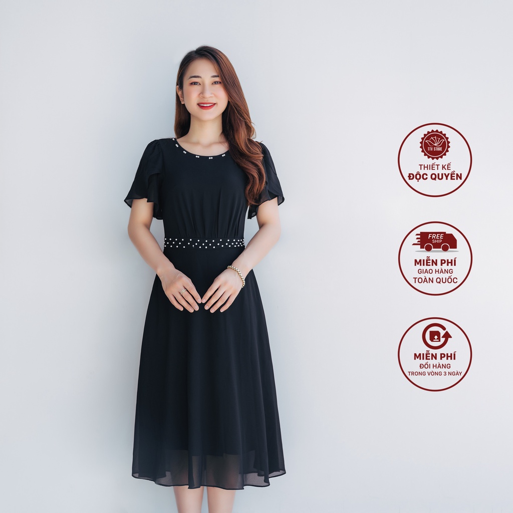 Đầm xòe thiết kế trung niên sang trọng Cổ tròn đính ngọc màu đen TTV STORE TTV1061