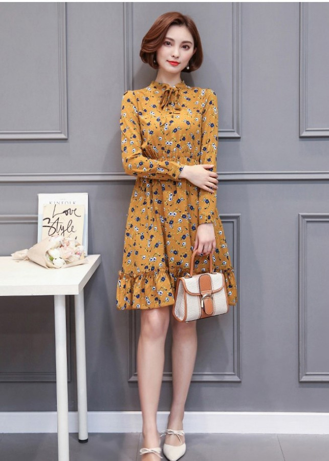 Đầm xòe họa tiết thắt dây nơ BY1073A