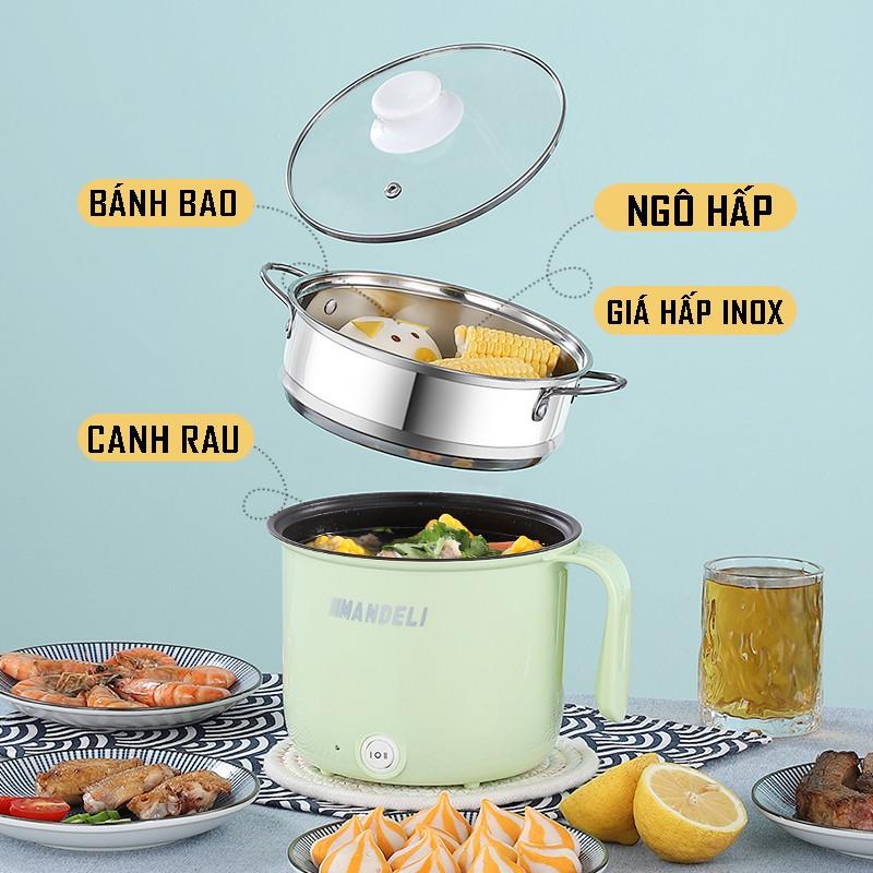 Ca Nấu Mì,Nồi Lẩu Điện Mini Cầm Tay 2 NẤC NHIỆT Nấu Cơm Đa Năng 1,8L + Tặng Kèm Giá Hấp INOX
