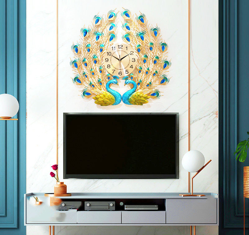 Đồng hồ treo tường trang trí decor chim công CY5 Khổng Tước xanh kích thước 65 x 65 cm