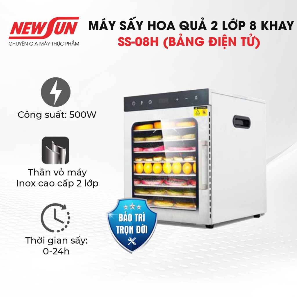 Máy sấy hoa quả 2 lớp 8 khay SS-08H (bảng điện tử) NEWSUN - Hàng chính hãng