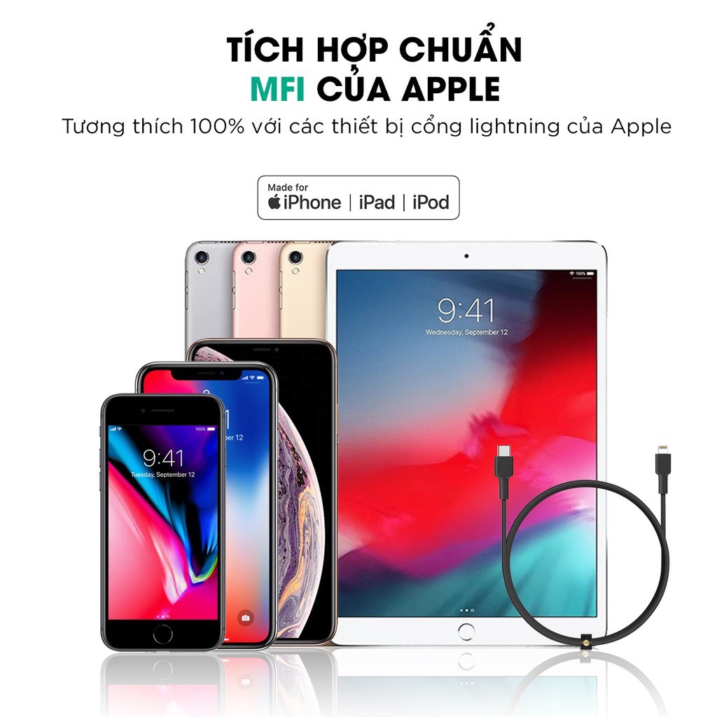 Cáp Sạc Nhanh iPhone Cổng C to Lightning Aukey CB-CL3 0.9m Chuẩn MFi, Hỗ trợ sạc PD 27W - Hàng Chính hãng