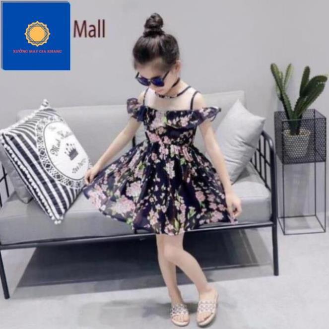 Váy đầm maxi bé gái in hoa, may phối voan lưới hở vai xinh xắn - Xưởng may - Gia Khang