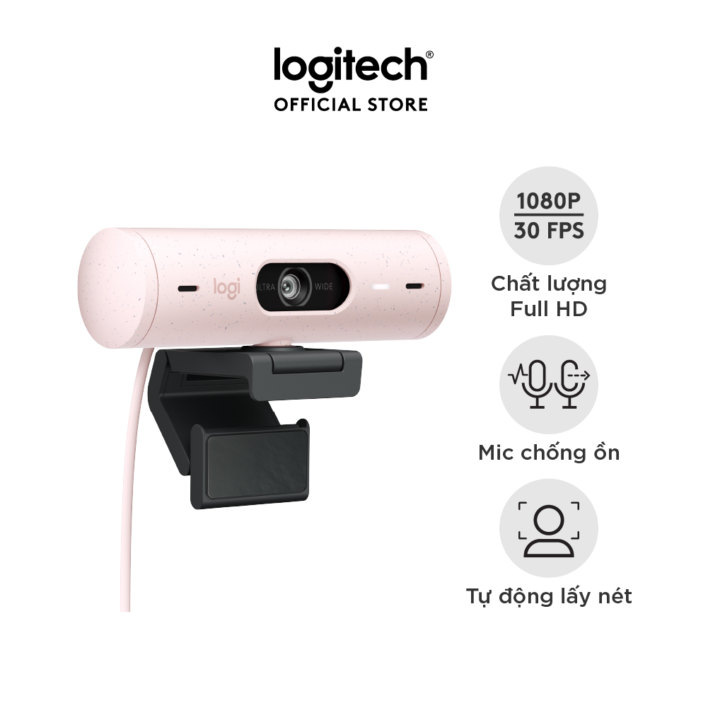 Webcam Logitech Full HD Brio 500 - Tự động điều chỉnh ánh sáng, Tự động lấy khung hình,Show mode, Mic kép giảm ồn, nắp che bảo mật, Hoạt động với Microsoft Teams, Google Meet, Zoom - Hàng chính hãng