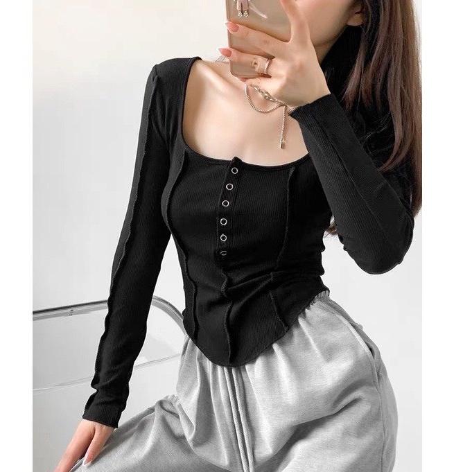 Áo thun body dài tay kiểu Hàn Quốc phối nút bấm chỉ nổi cá tính chất thun gân mịn đẹp - AO080