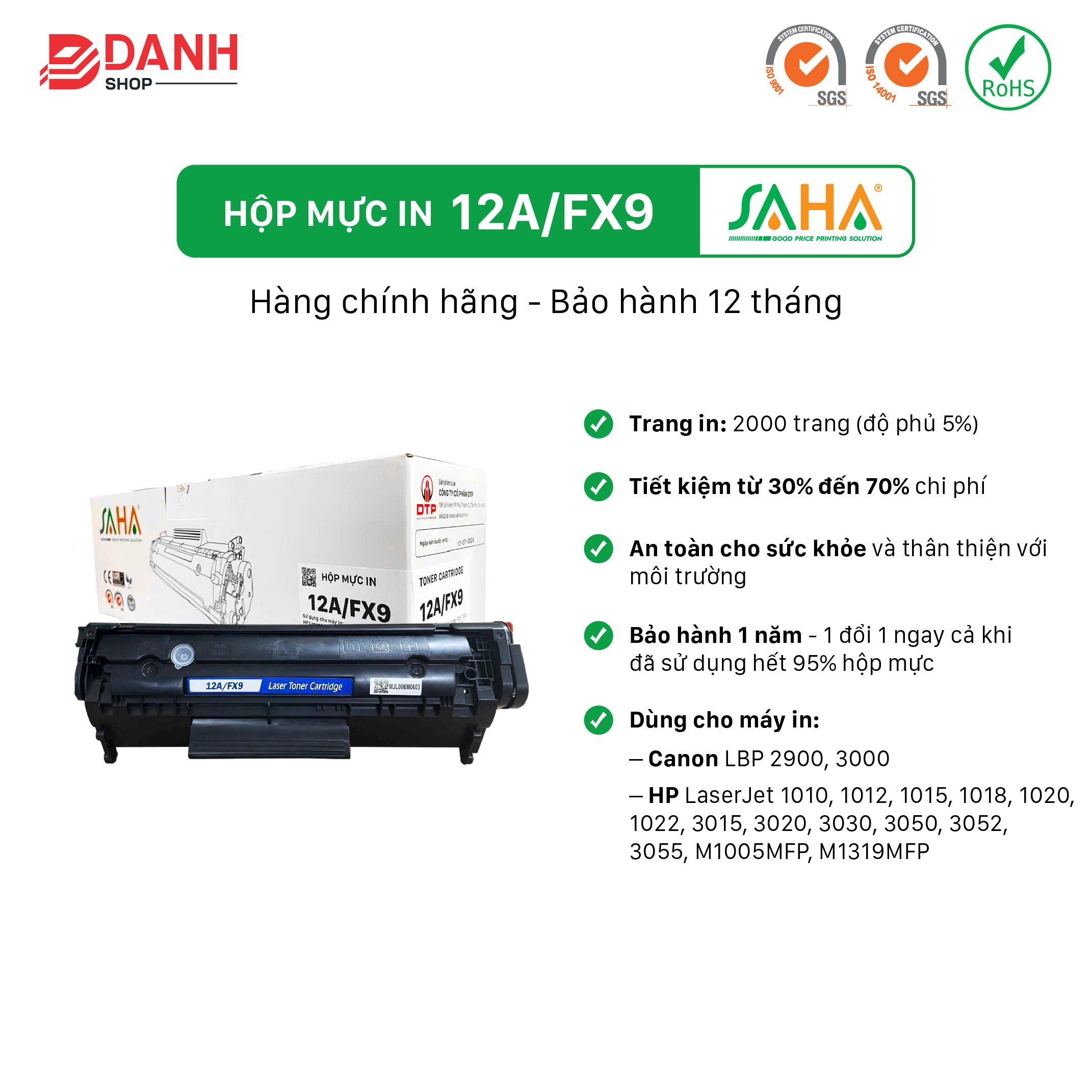 Hộp mực in 12A/FX9 - SAHA - Hộp mực dùng cho máy in Canon: LBP 2900, 3000, HP: LaserJet 1010, 1012, 1015, 1018, 1020, 1022, 3015, 3020, 3030, 3050, 3052, 3055, M1005MFP, M1319MFP