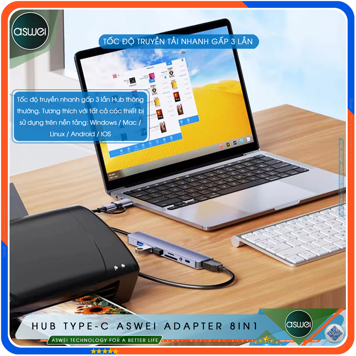 Hub USB 3.0 ASWEI 8 in 1 - Bộ Chia USB Tốc Độ Cao 8 Trong 1 - Hub Chuyển Đổi USB Type-C Dành Cho Macbook, Laptop, PC, Máy Tính Bảng, Điện Thoại - Hàng Chính Hãng