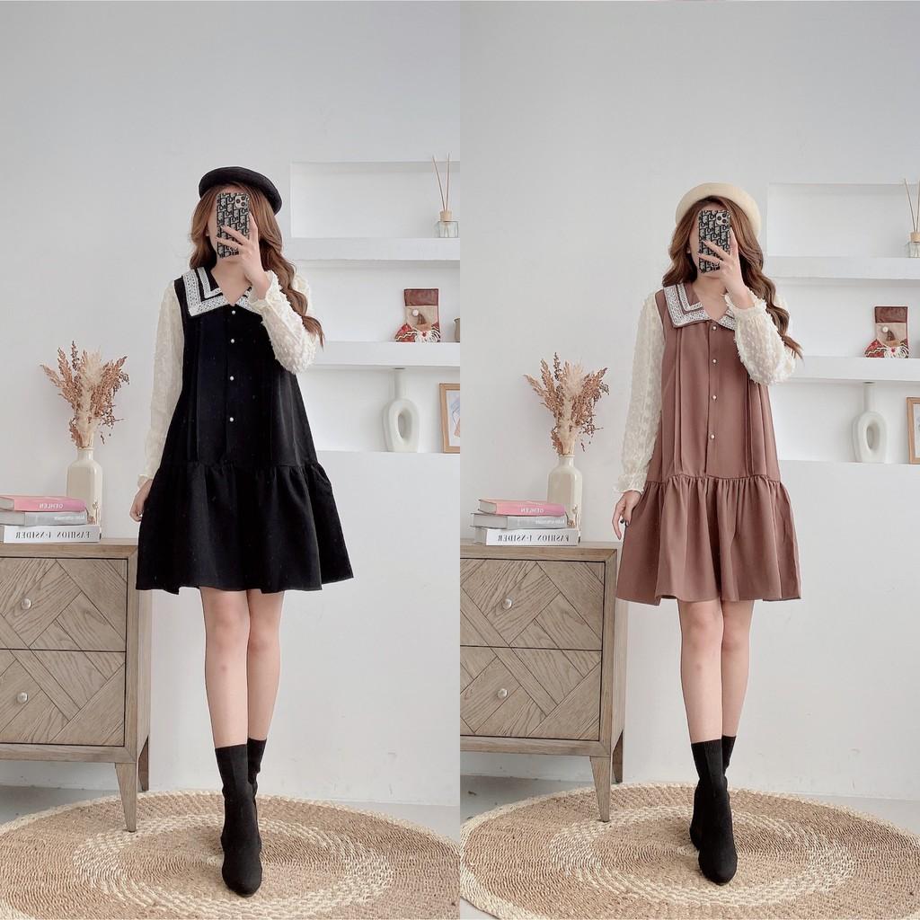 Váy suông đuôi cá phối cổ ren, đầm xuông tay voan phủ lông freesize 2 màu đen, nâu mã V40 - Michi's House