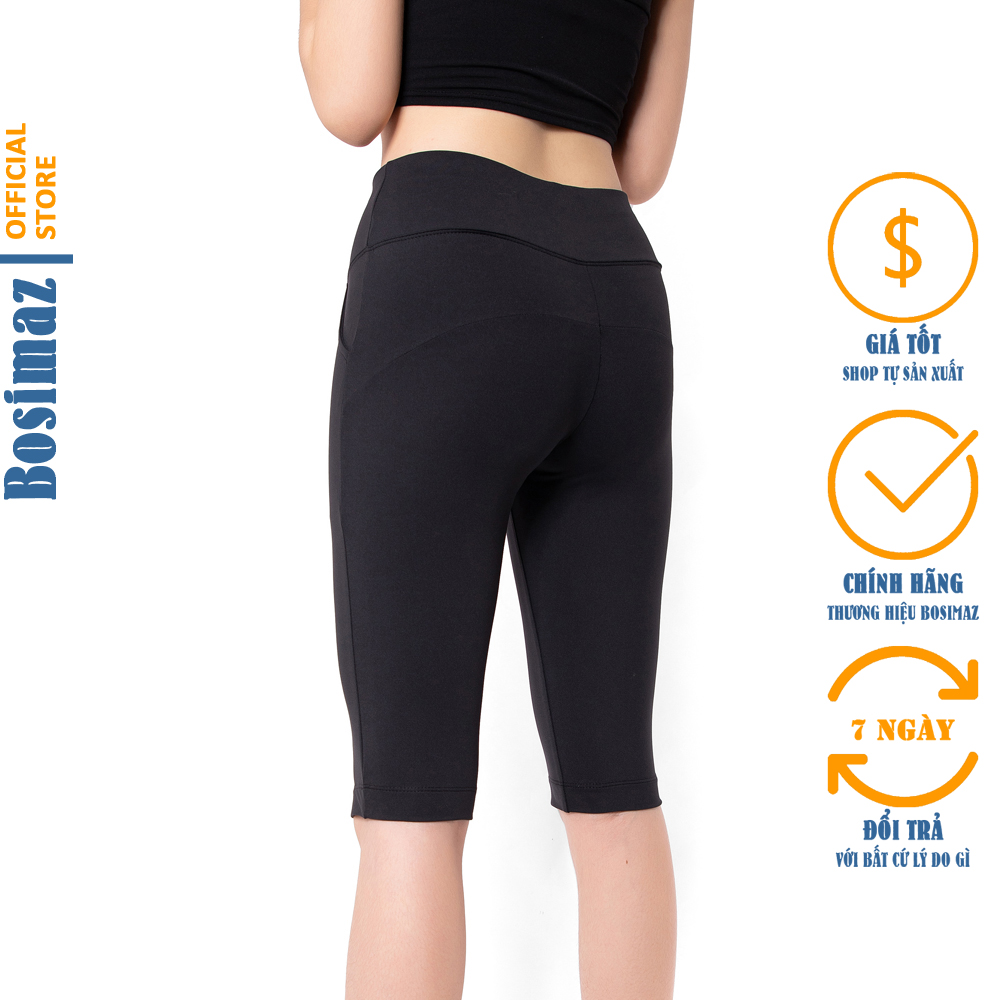 Quần Legging Nâng Mông Bosimaz MS371 ngắn túi trước màu đen, thun co giãn 4 chiều, vải đẹp dày, thoáng mát không xù lông.