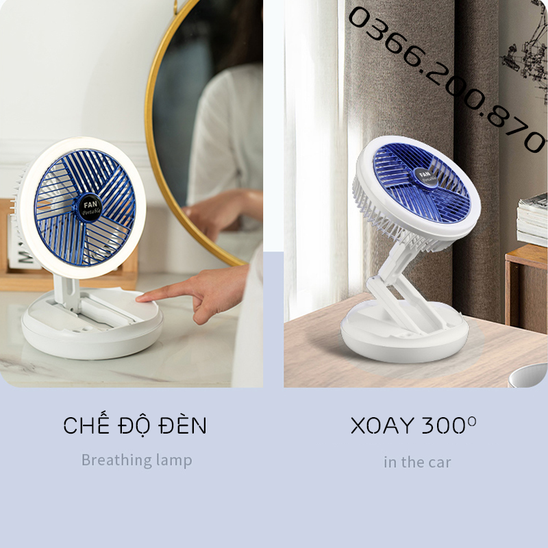 Quạt tích điện mini đa năng có thể gấp gọn xoay 300 độ tích hợp đèn học điều chỉnh ánh sáng