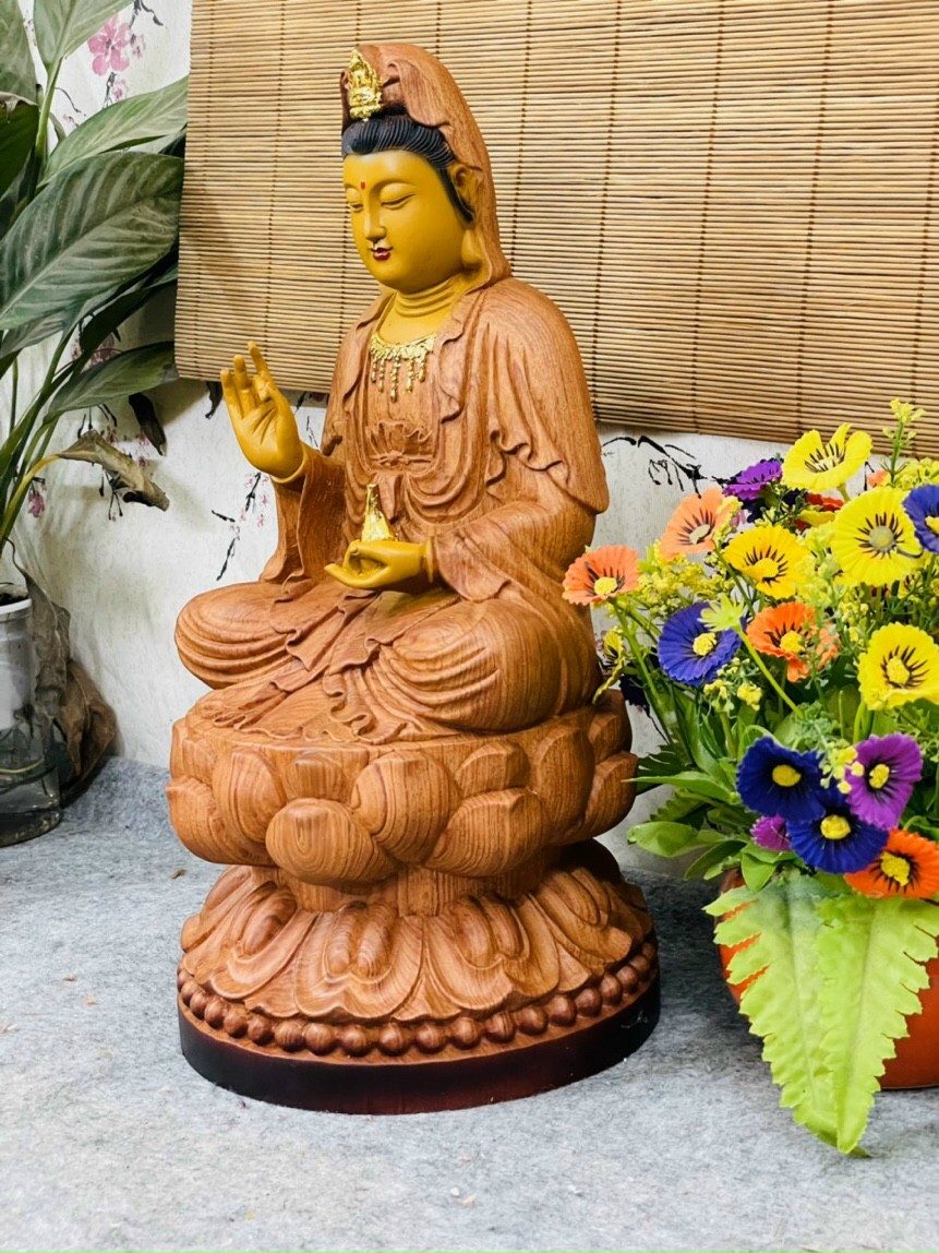 Tượng phật bà quan âm ,bồ tát bằng gỗ hương đá tô làm mầu giả cổ kt cao 40×20×20cm