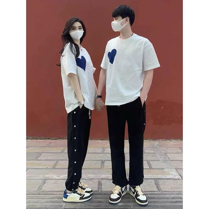 Áo Thun Cặp Đôi In Logo Tim Xanh Đơn Gỉan