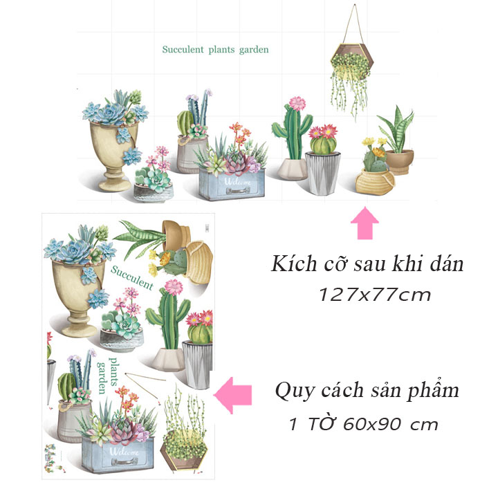 Decal trang trí chất liệu PVC loại 1 dày dặn, sắc nét, trang trí phòng khách,quán cafe- chậu cây xương rồng- mã sp LV08