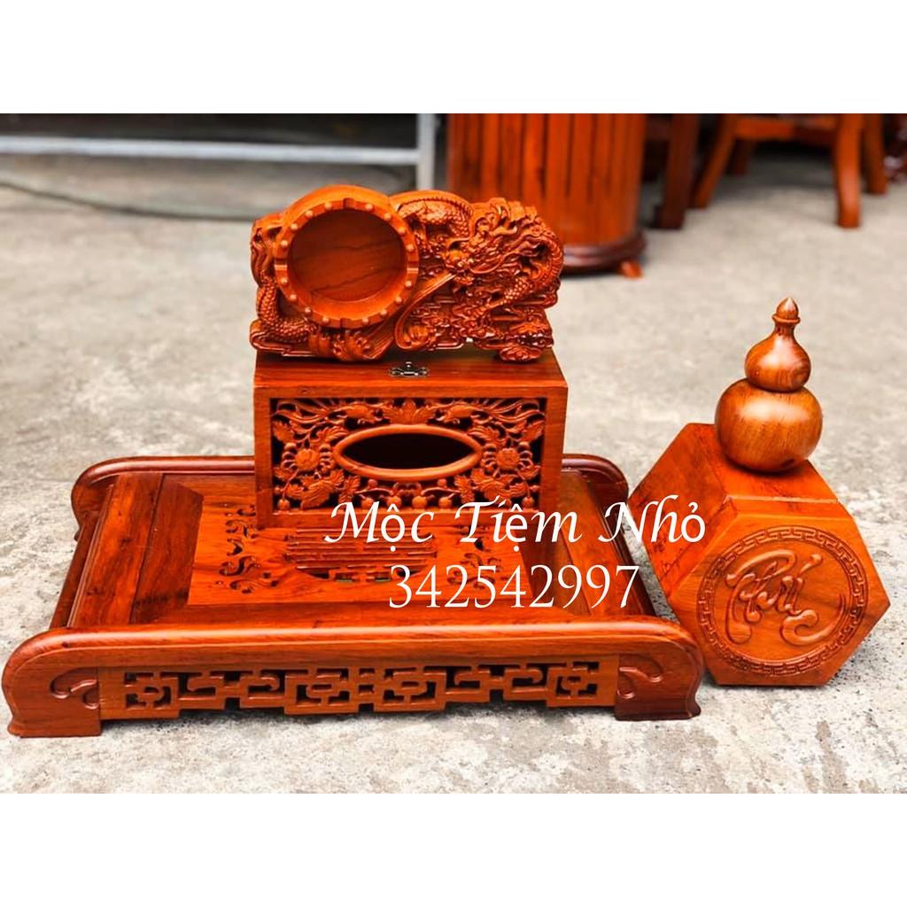 Combo 5 món Khay trà,Gạt tàn rồng,Hộp chè chữ phúc,Ống tăm bầu,Hộp giấy ăn long phụng gỗ hương giá rẻ