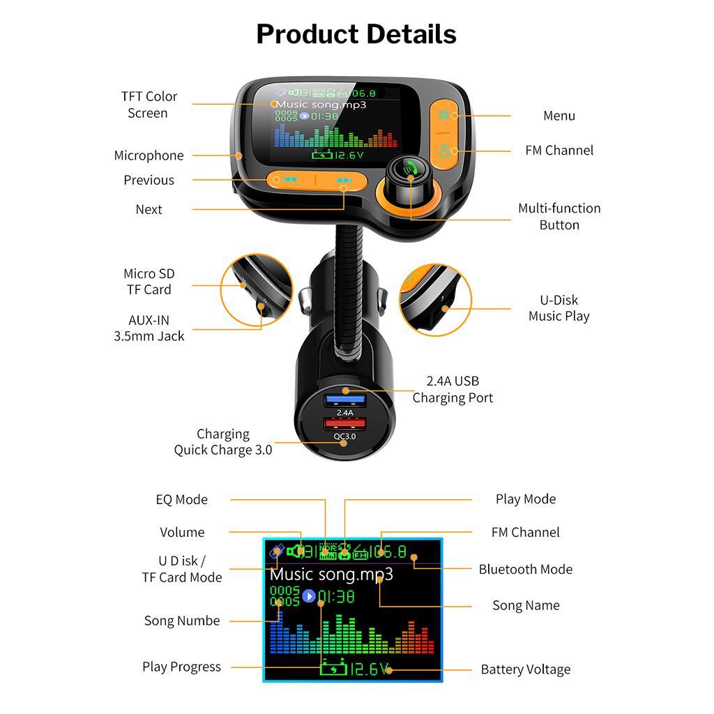 Handsfree Wireless Bluetooth Car FM Transmitter Kit Mp3 Player 2 USB Charger