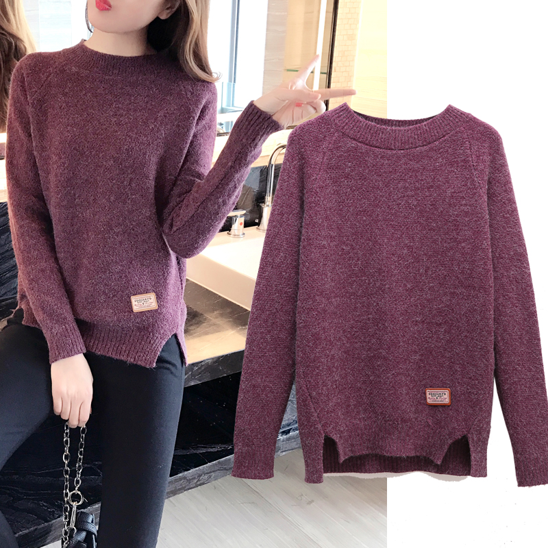 Áo len nữ trơn cổ tròn xẻ tà vải len dày mịn mặc ấm HB03