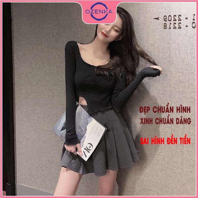 Áo thun croptop tay dài sẻ gấu cổ rộng nữ OZENKA chất thun gân cao cấp 100% cotton màu đen trắng free size dưới 50 cân