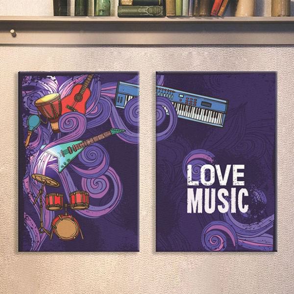 Bộ 2 Tranh Canvas Không Viền Treo Tường Trang Trí Quán Cà Phê "I Love Music" W166