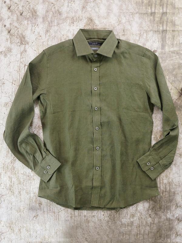 Áo Sơ Mi Nam Hazzys Linen Olive Plain Slim Fit Shirt - SIZE 95/100
