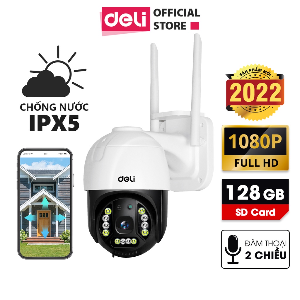 Camera Wifi IP Ngoài Trời Chống Nước PTZ Deli Full HD 1080P Xoay 360 Độ ES103 - Xem Đêm Có Màu - Đàm Thoại Hai Chiều Phát Hiện Chuyển Động - Hàng Chính Hãng - Phù Hợp Giám Sát An Ninh Gia Đình, Công Sở, Trường Học