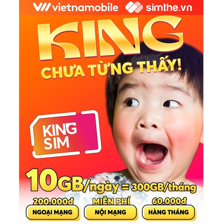 [FREE 30 Ngày] Sim 4G Vietnamobile KING 10GB/Ngày (300GB/Tháng). Miễn Phí 50 Phút Ngoại Mạng + Gọi Nội Mạng + Tài Khoản 100K. Chỉ Dùng Tại 20 Tỉnh Miền Nam (Từ Bình Thuận Đến Cà Mau) - Hàng Chính Hãng