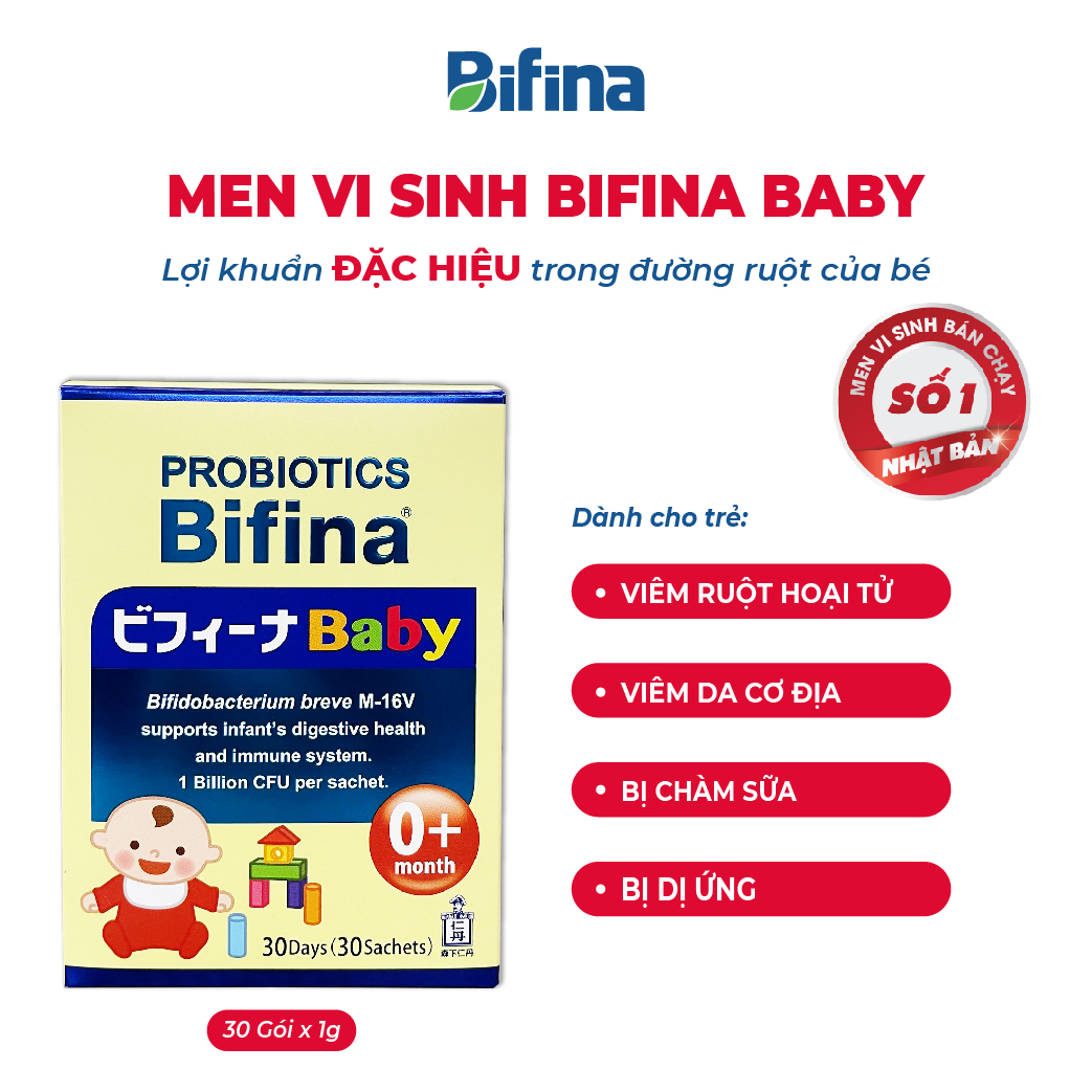 Men vi sinh Bifina Baby Nhật Bản- Hộp 30 gói - Lợi khuẩn chiến binh cho trẻ sơ sinh Viêm da cơ địa và ruột hoại tử , chàm sữa, dị ứng...