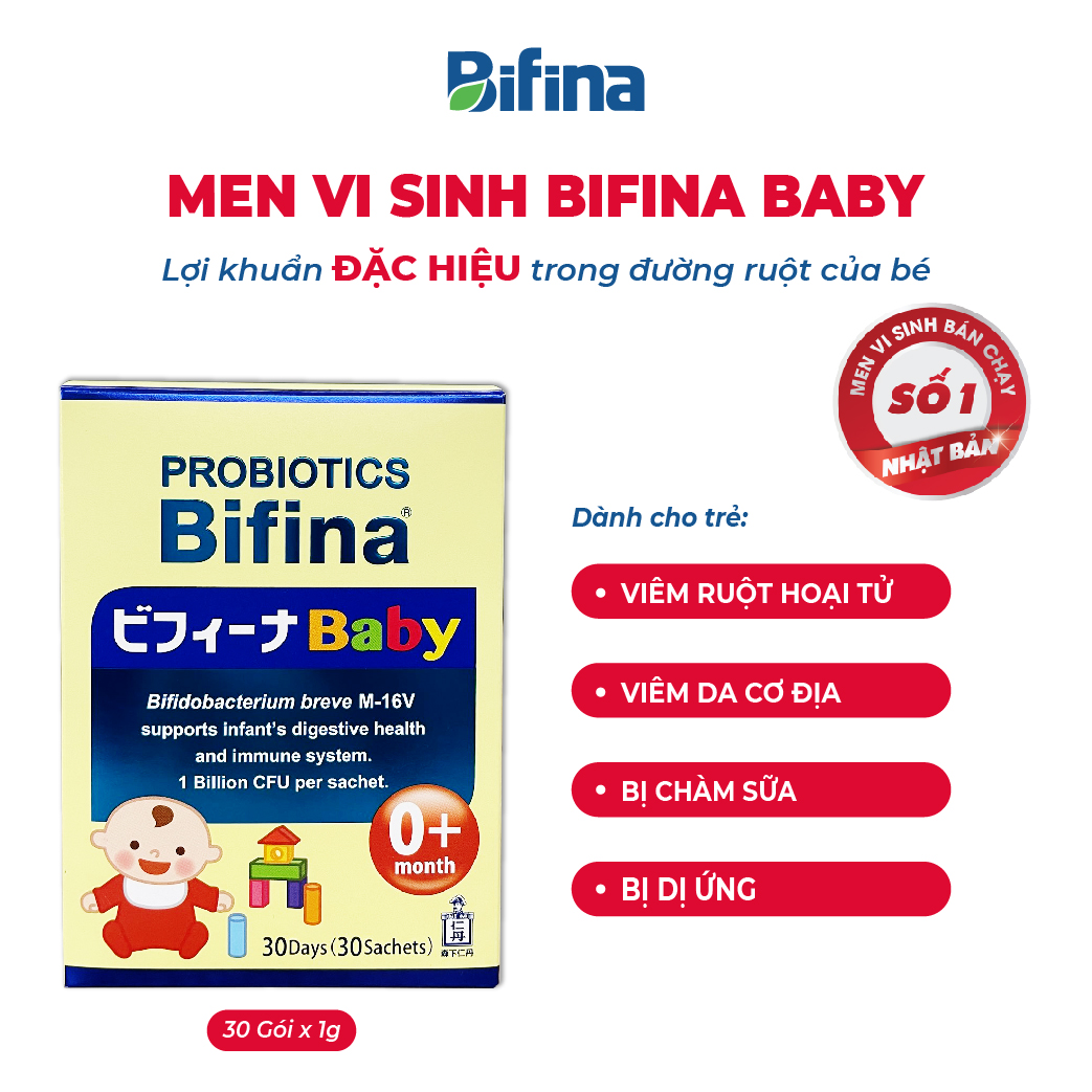 Men vi sinh cho bé Bifina Baby Nhật Bản- Hộp 30 gói - Lợi khuẩn chiến binh cho trẻ sơ sinh Viêm da cơ địa và ruột hoại tử , chàm sữa, dị ứng... 