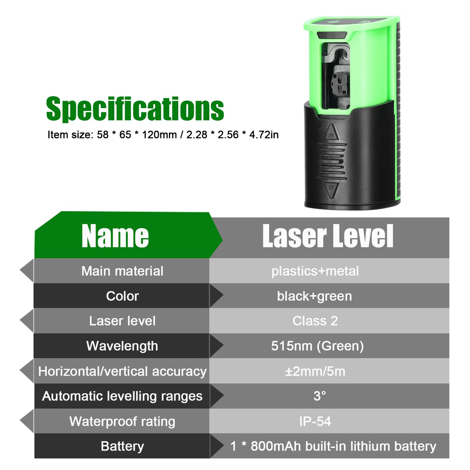 Single-Module Rechargeable Level Machine Mini Green Light 2 Lines Laser Level Home Multifunctional Level Meter Three Levels of Laser Light Brightness Adjustable with Anti-Drop Slide Cover Switch and Level Bubble