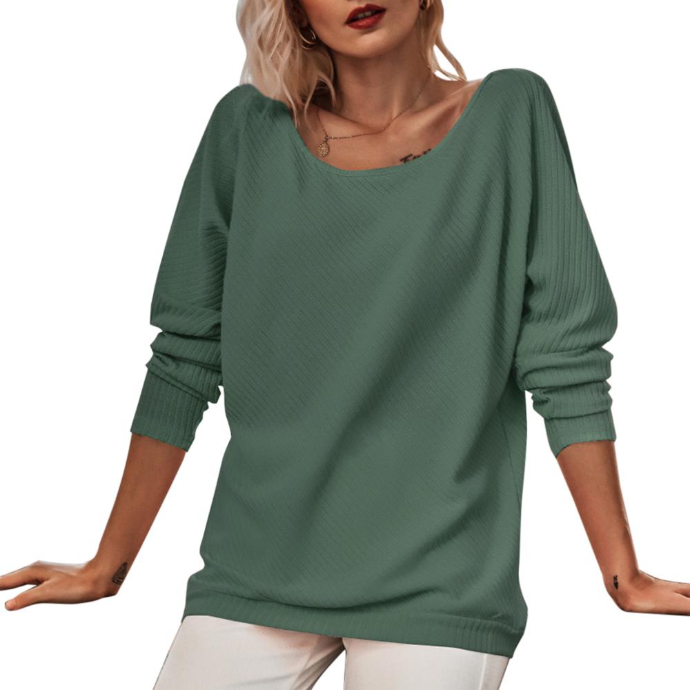 Women T-Shirt Off-shoulder O-neck Batwing Long Sleeve Ribbed Loose Solid Streetwear Female Pullover Tops Casual Autumn