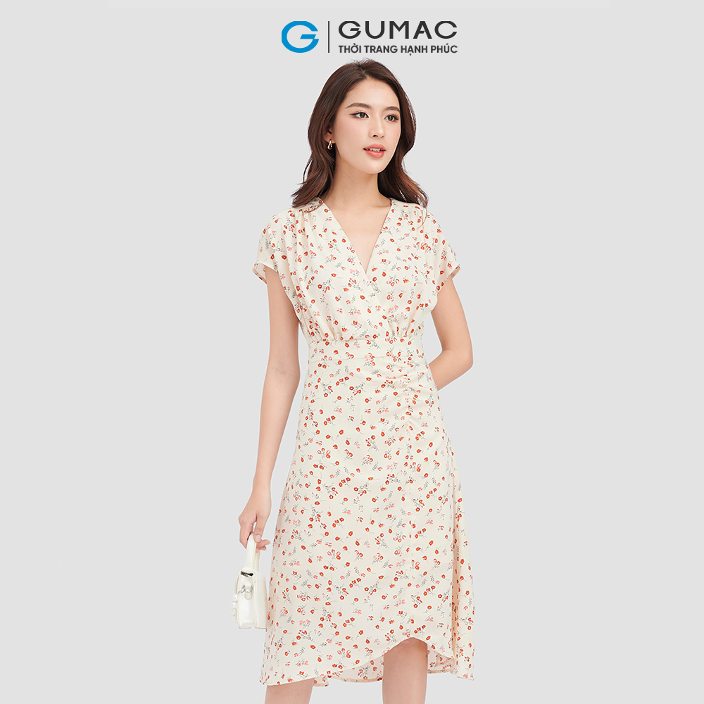 Đầm kiểu đắp chéo GUMAC DC09091 vải lụa họa tiết hoa nữ tính