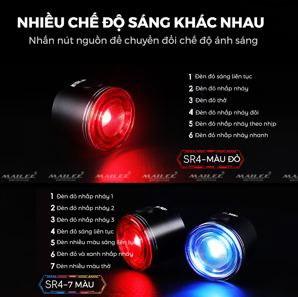 Đèn Hậu Xe Đạp Thông Minh SR4 PRO Cảm Biến Phanh dung lượng 400 mAh thời gian sử dụng lên đến 12h (2 lựa chọn Màu đỏ/ 7 Màu Sắc) An Toàn Đi Đêm - Mai Lee