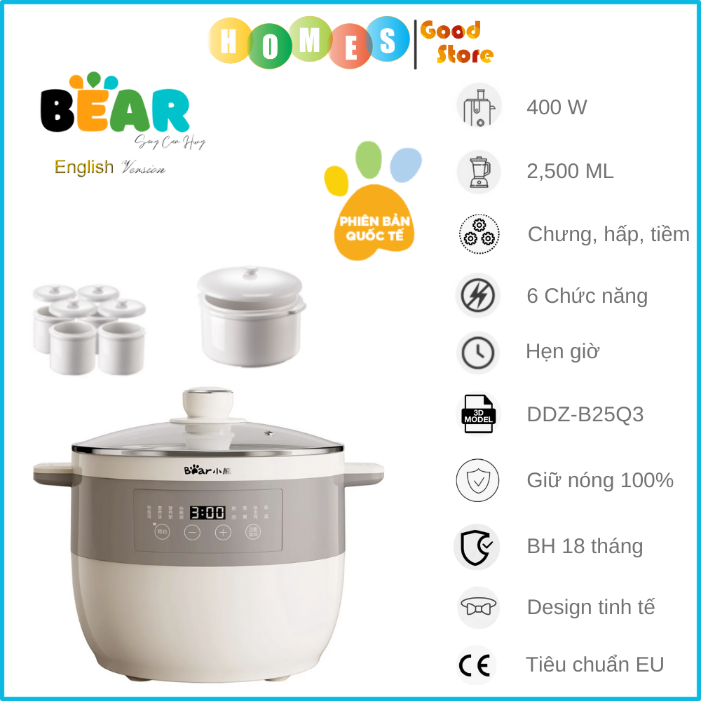 Nồi Chưng Yến, Nồi Hầm Kho Đa Năng, Nồi Nấu Chậm BEAR DDZ-B25Q3 Bản Tiếng Anh 5 Trong 1 BEAR Dung Tích 2.5 Lít Công Suất 400 W - Hàng Chính Hãng