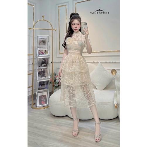 VÁY REN HOA XẾP TẦNG DÁNG DÀI - hàng thiết kế cao cấp phù hợp tiệc cưới, sự kiện mặc hằng ngày