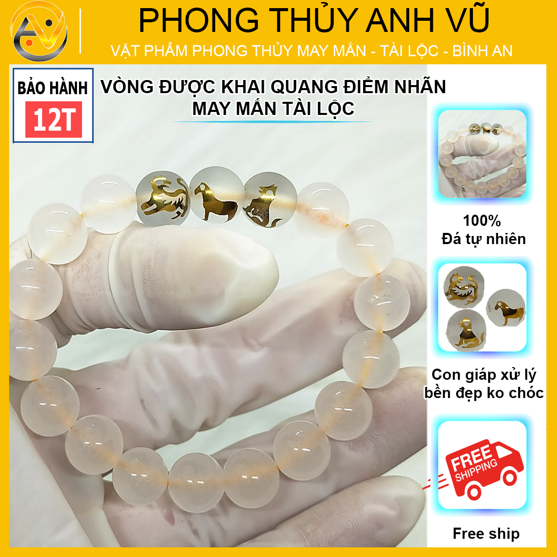 Vòng tay phong thủy đá mã não trắng tự nhiên - tam hợp dần ngọ tuất - size 8 10ly cho nữ mệnh thủy, mệnh kim - có khai quang điểm nhãn may mắn tài lộc - PHONG THỦY ANH VŨ