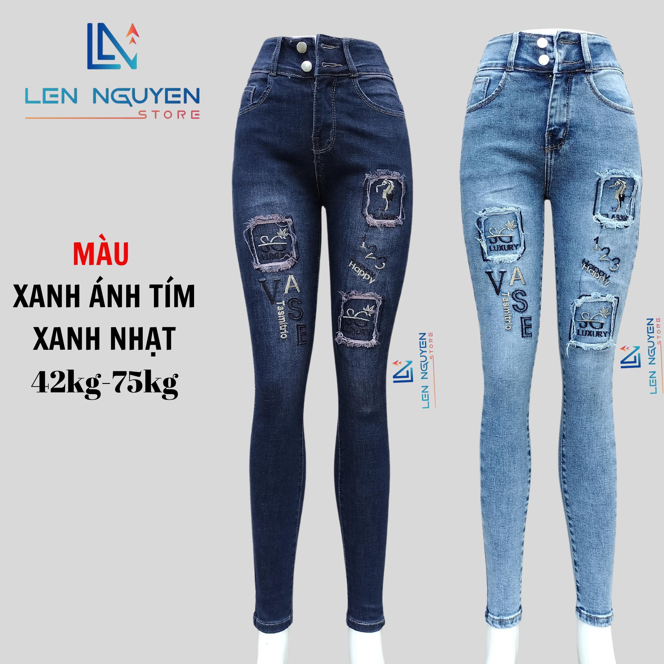 D8_Quần Jean Nữ ,Dài 95cm, Thiết Kế Thêu 2 Nút Lưng Cao,Quần bò nữ, Ôm gọn lưng cao, co giãn  - Xanh Đậm