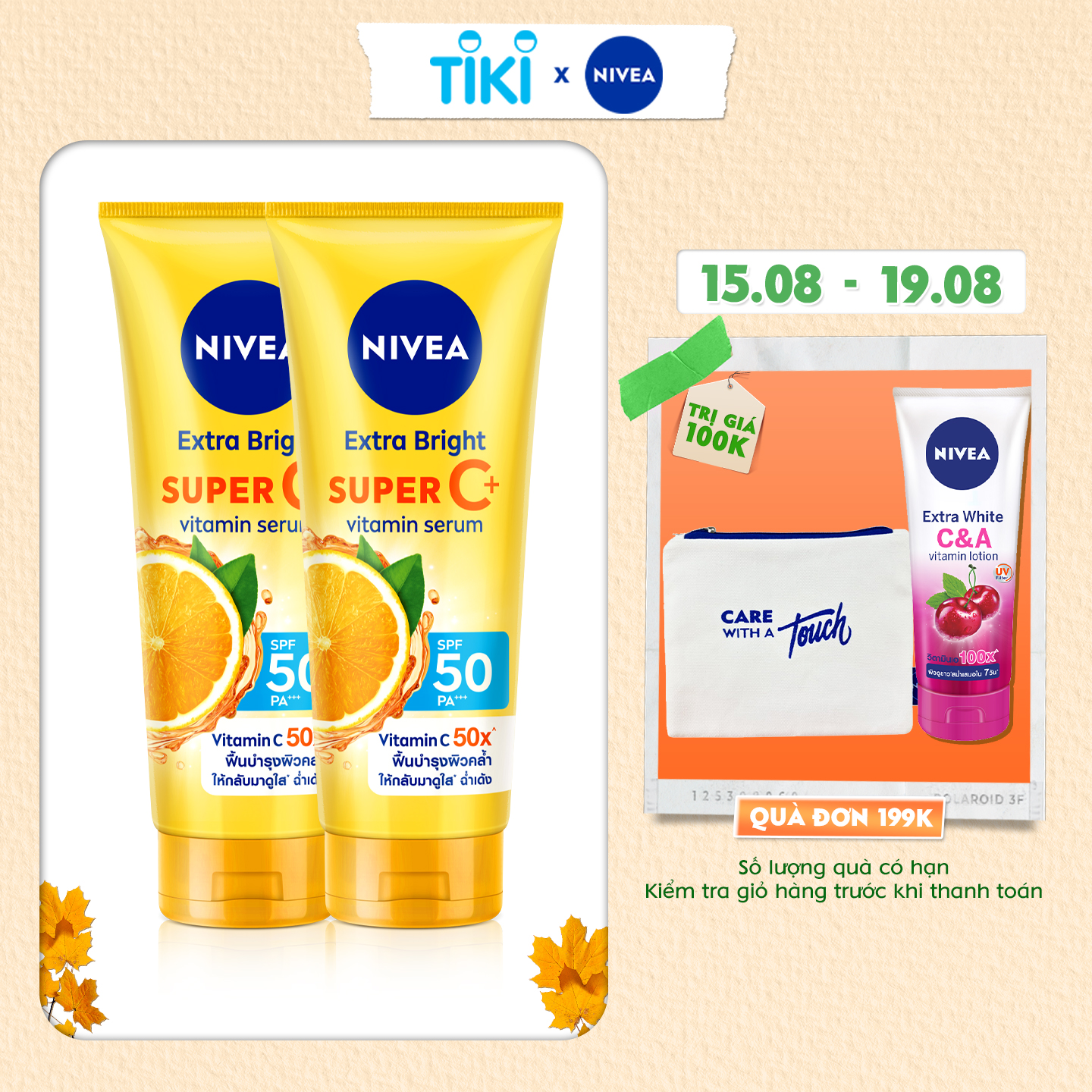 Bộ 2 Tinh Chất Dưỡng Thể NIVEA Vitamin Super C+ Dưỡng Trắng Da | Chống Nắng SPF50 | Vitamin C (320 ml)