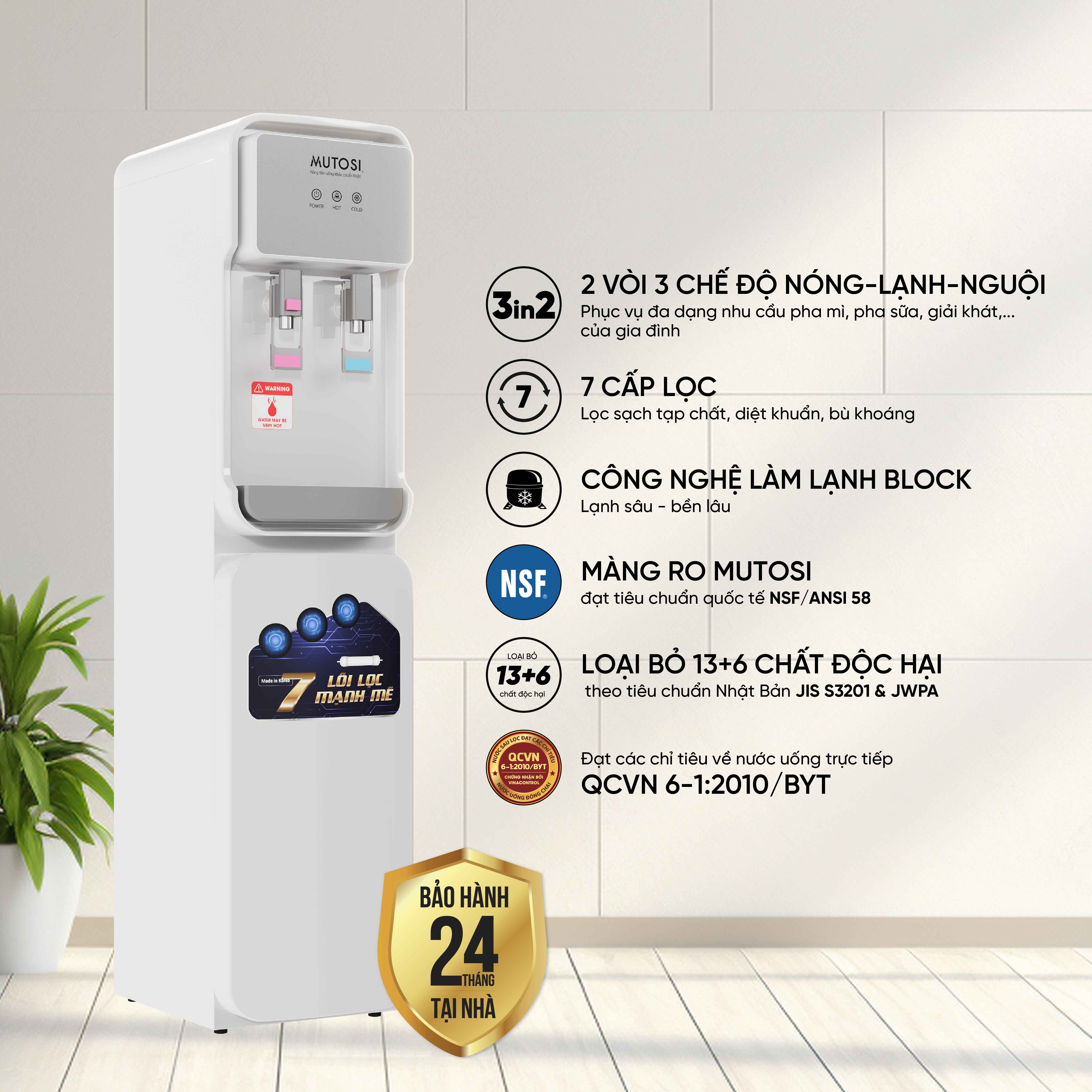 Máy lọc nước Nóng Lạnh 7 lõi - Hàng chính hãng Mutosi MD-710ECO Công nghệ cảm biến Eco thông minh tiết kiệm điện năng