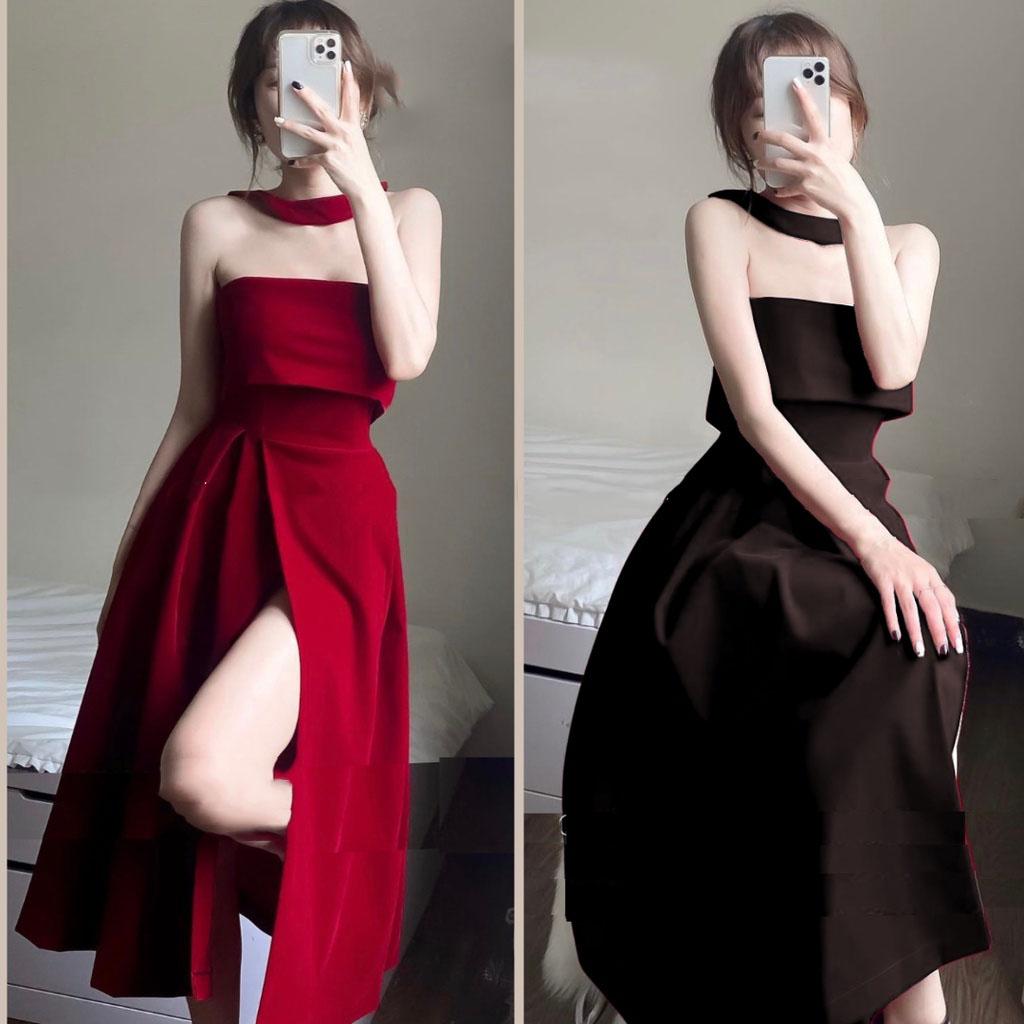 Váy choker dự tiệc đầm nhung xẻ tà dáng dài mẫu mới