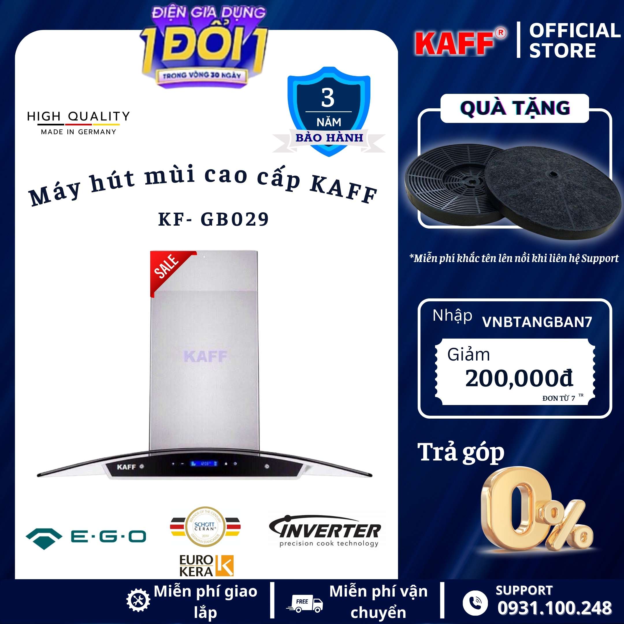 Máy hút mùi kính cong cảm ứng 900mm KAFF KF_GB029 Tặng bộ lọc than thay thế _ Hàng Chính Hãng