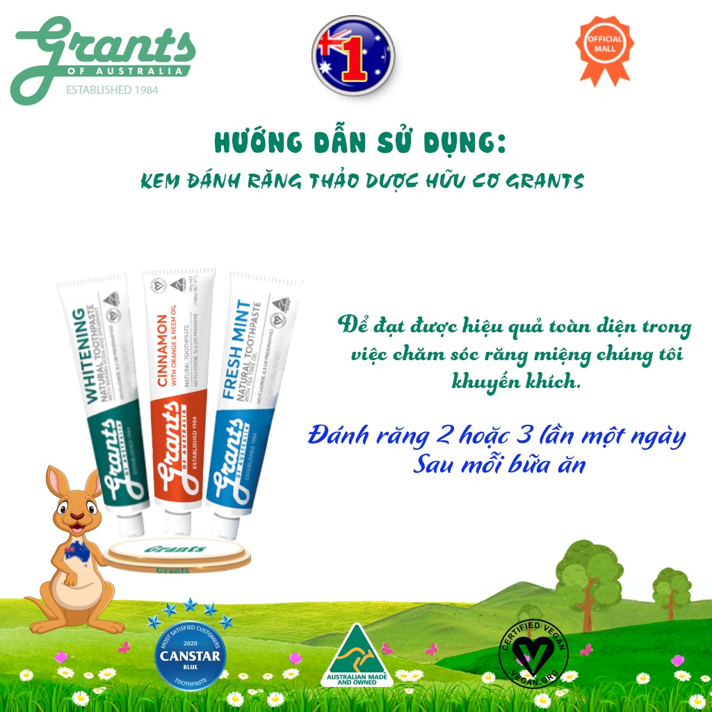 Kem đánh răng thảo dược Grants Freshmint 110g hơi thở thơm mát ngừa viêm nướu, ê buốt, chảy máu chân răng