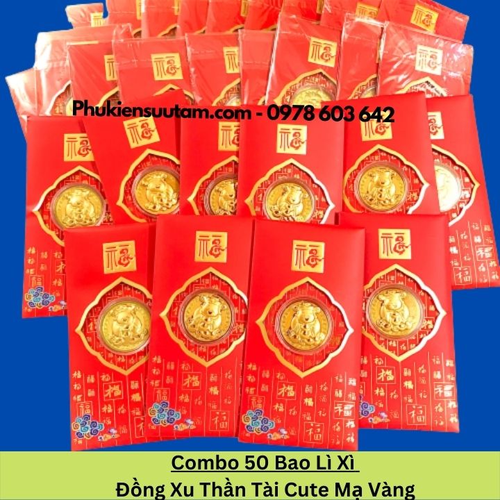 Combo 50 Bao Lì Xì Đồng Xu Thần Tài Cute Mạ Vàng, kích thước: 17cmx9cm, màu đỏ - SP005986