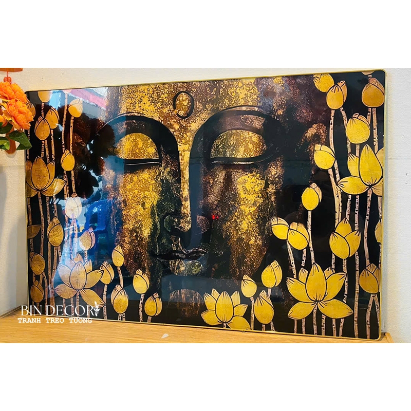 (ẢNH THẬT) Tranh treo tường phật trong hoa sen vàng tranh trang trí phòng thờ nơi tôn nghiêm