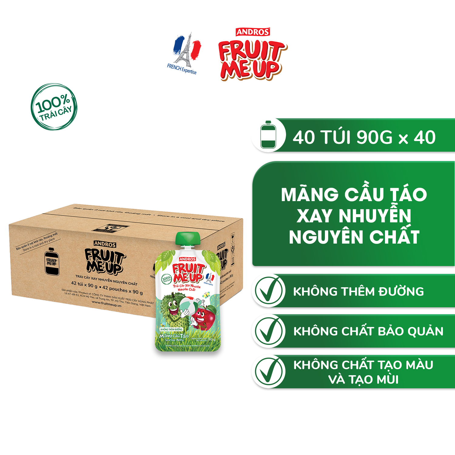 Trái Cây Xay Nhuyễn Nguyên Chất Andros Fruit Me Up - Mãng Cầu Táo - Thùng 42 túi  - 90g x 42