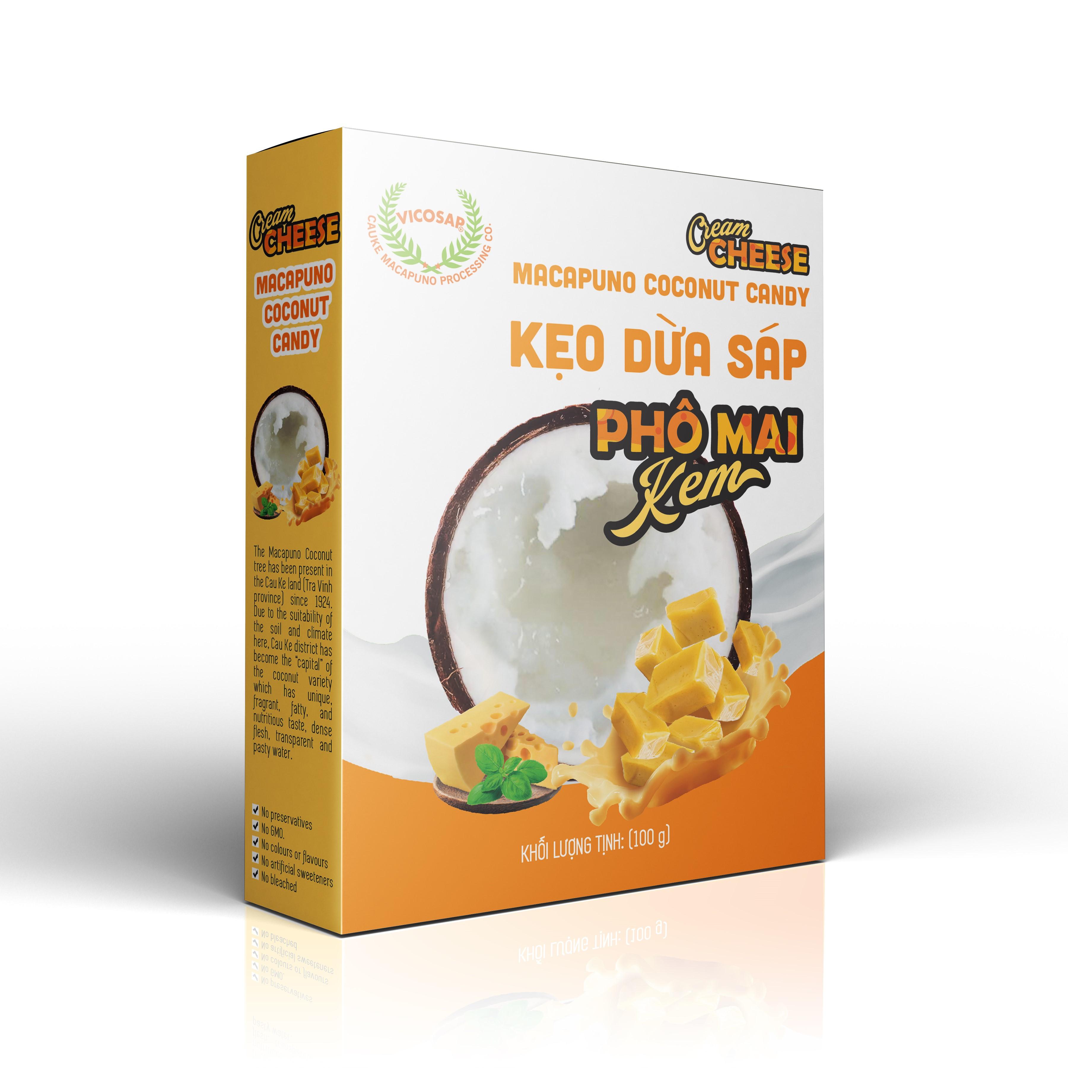 Kẹo dừa sáp VICOSAP vị phô mai kem kẹo mềm dẻo ít đường đặc sản Trà Vinh hộp 100g
