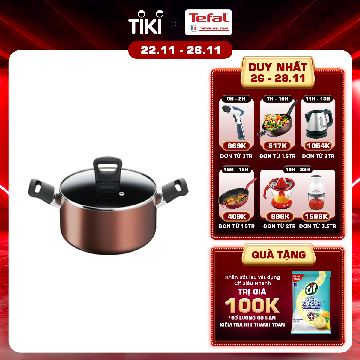 Nồi Tefal Day By Day G1434406 20cm - Độ bền vượt trội cùng lớp phủ Titanium, tiết kiệm dầu ăn - Cảnh báo nhiệt thông minh - Hàng chính hãng