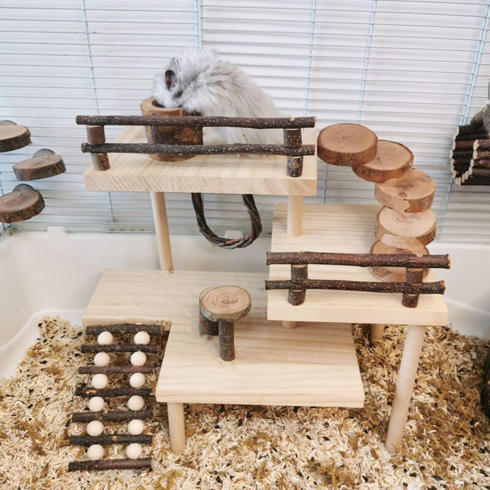 3 Layers Hamster Toy, Habitat Stand Table with Fence Climbing Ladder Natural Wooden Platform for Squirrel Hedgehog Pets Dwarf Hamster Gerbil