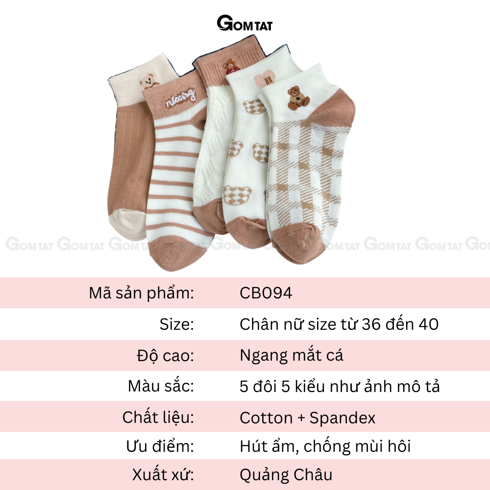 Tất cổ ngắn nữ GOMTAT họa tiết dễ thương, Vớ nữ cổ ngắn chất liệu cotton mềm mại, êm chân, thoáng mát - CB094