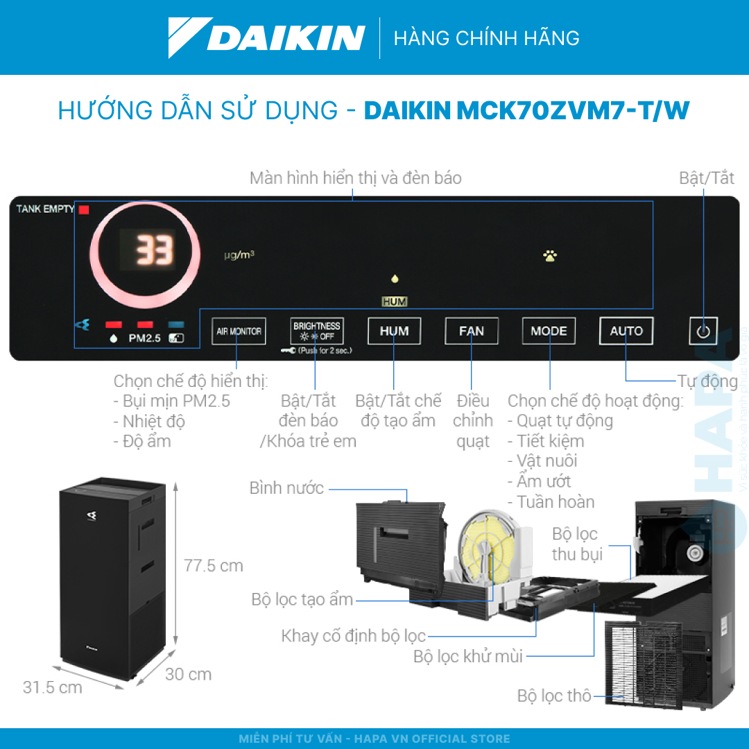 Máy Lọc Không Khí Tạo Ẩm DAIKIN MCK555AVMV-W | MCK555AVMV-T TEFU HEPA, Twin Streamers, ION PLASMA - Hàng Chính Hãng DAIKIN