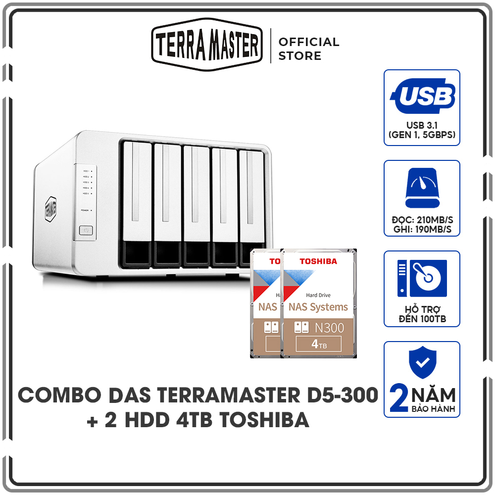 Combo Ổ cứng mạng DAS TerraMaster D5-300 + 2 Ổ cứng NAS iHDD Toshiba N300 4TB - Hàng chính hãng